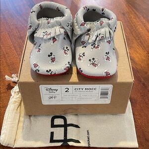 Freshly Picked Gray Mickey Print Baby Moccasins with Red Soles